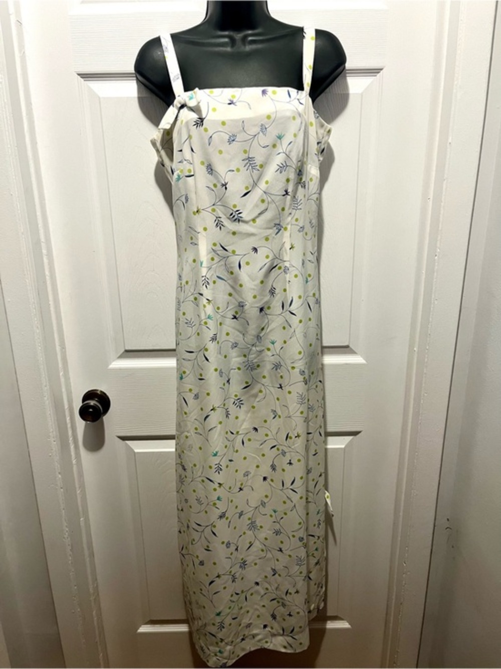 Vintage Dress Floral Maxi Medium Summer Bow Sleeveless Dot White